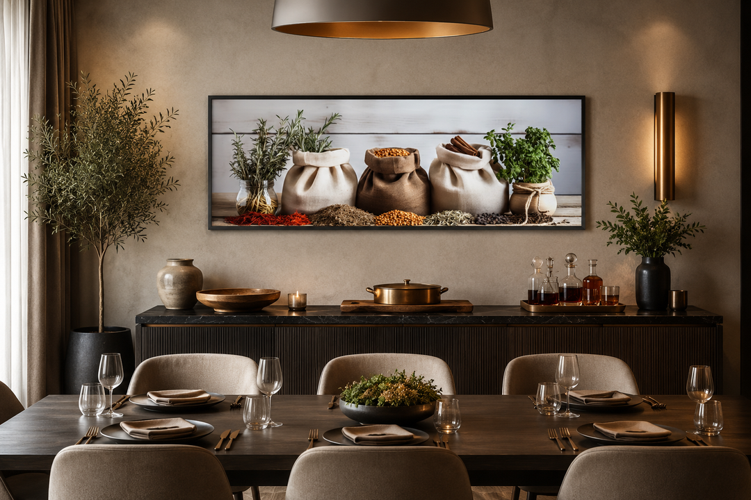 Long horizontal framed wall art of spices and herbs hanging above a dining table in a modern room.