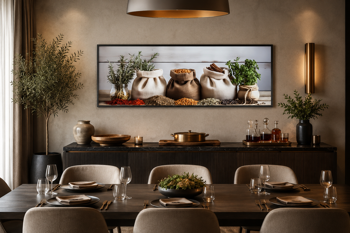 Long horizontal framed wall art of spices and herbs hanging above a dining table in a modern room.
