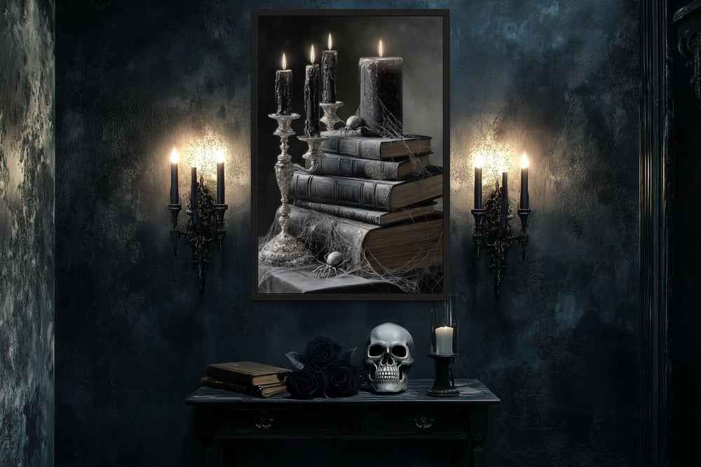 Spider and Spiderweb With Candles on Stacked Books Gothic Library Wall Art