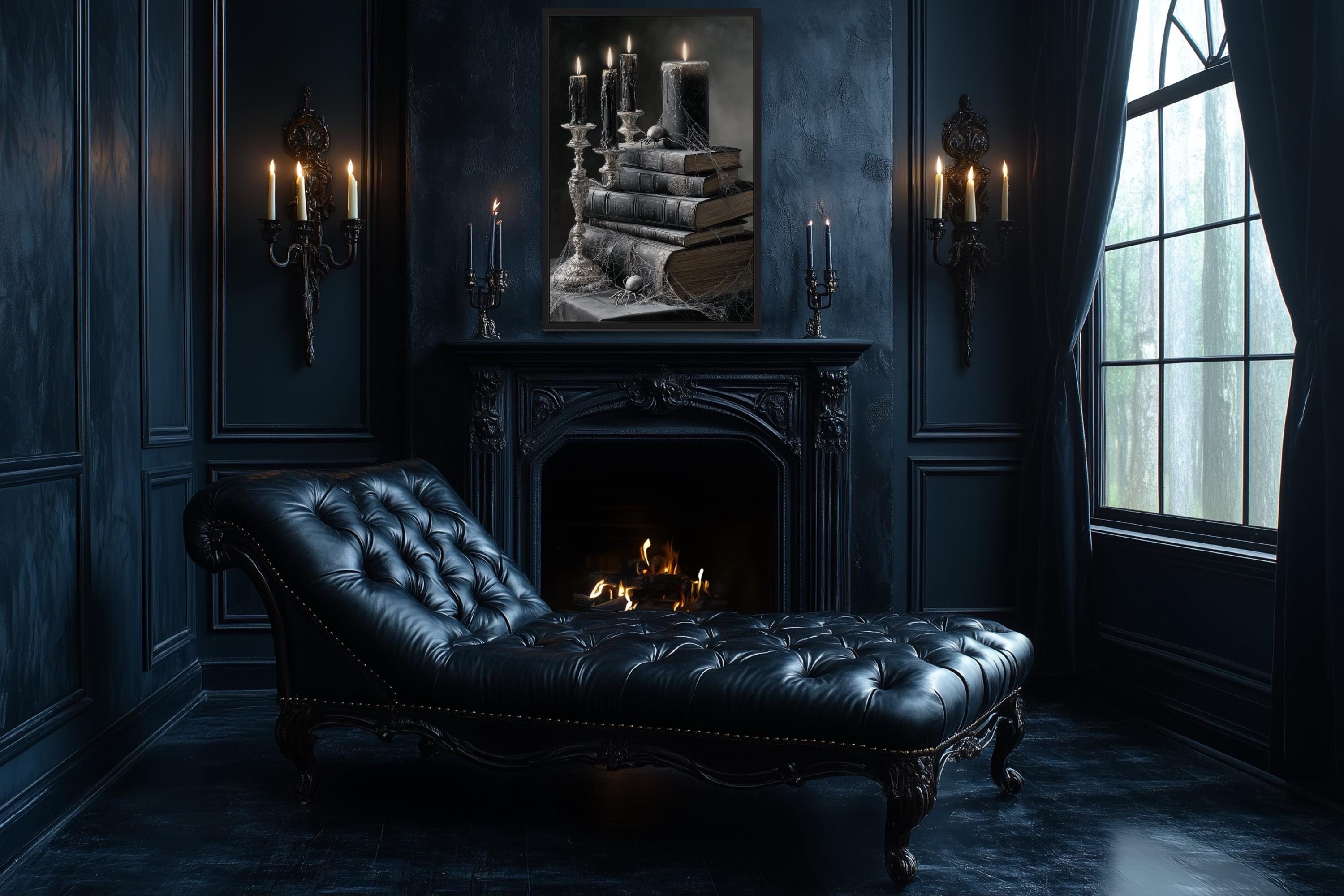 Gothic Library Wall Art: Spiderweb & Candles on Books – Wall Decor