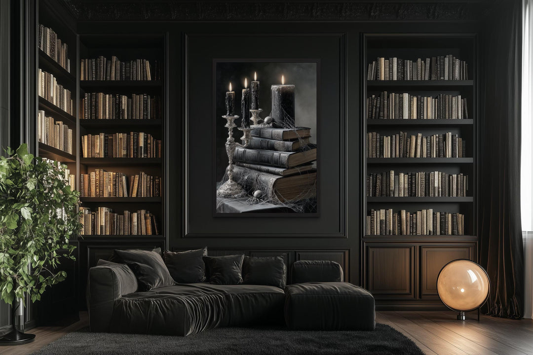 Spider and Spiderweb With Candles on Stacked Books Gothic Library Wall Art