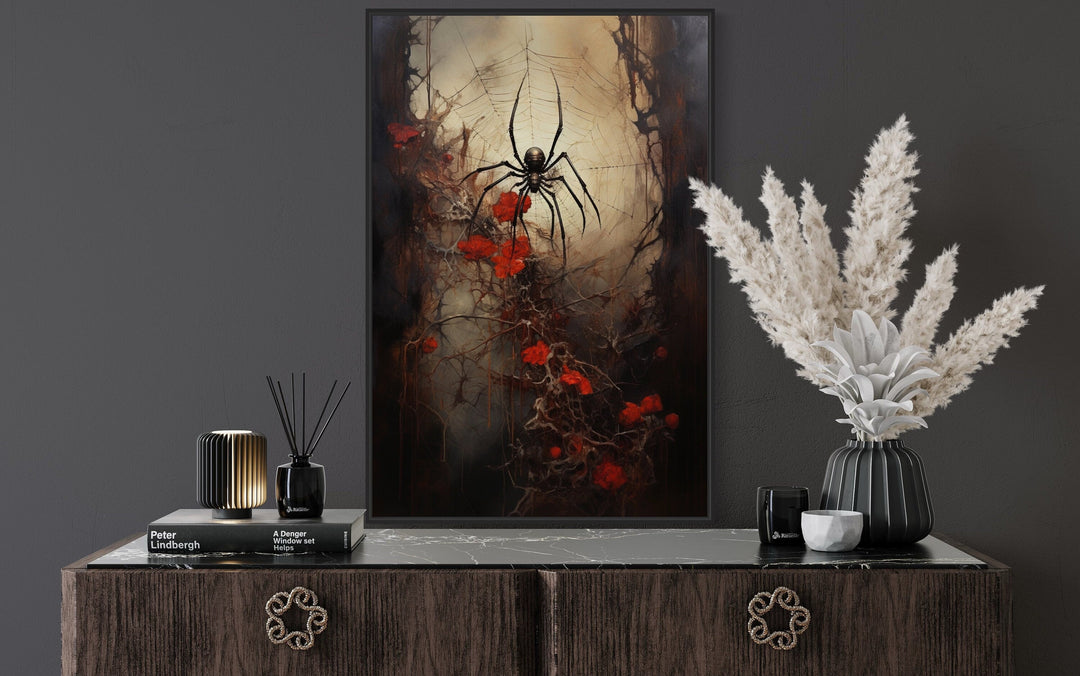 Spider on a Spider Web Gothic Framed Canvas Wall Art