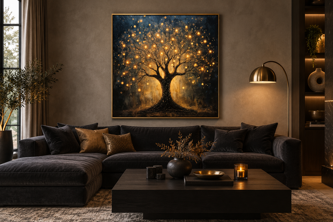Enchanted black and gold tree framed canvas wall art with glowing lights above a dark sofa.