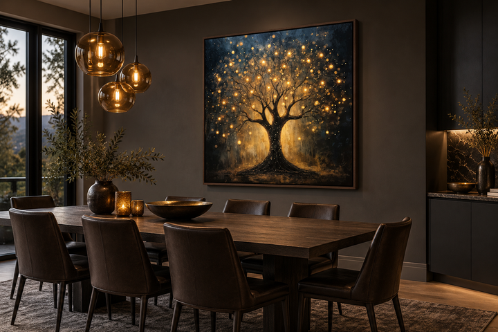 Enchanted black and gold tree framed canvas wall art with glowing lights in a modern dining room.