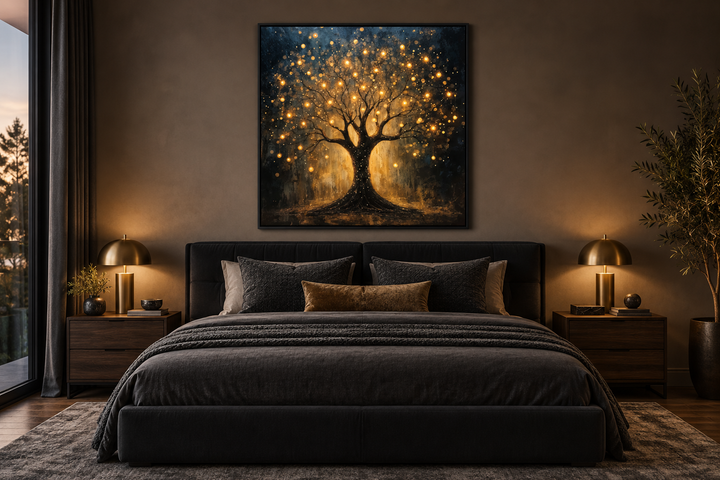 Framed canvas wall art of a black and gold tree with glowing lights above a dark modern bed.