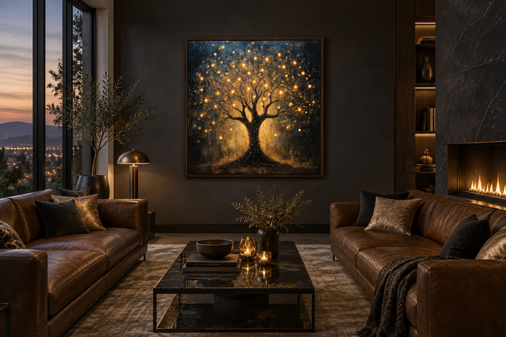 Enchanted black and gold tree framed canvas wall art with glowing lights in a modern living room.