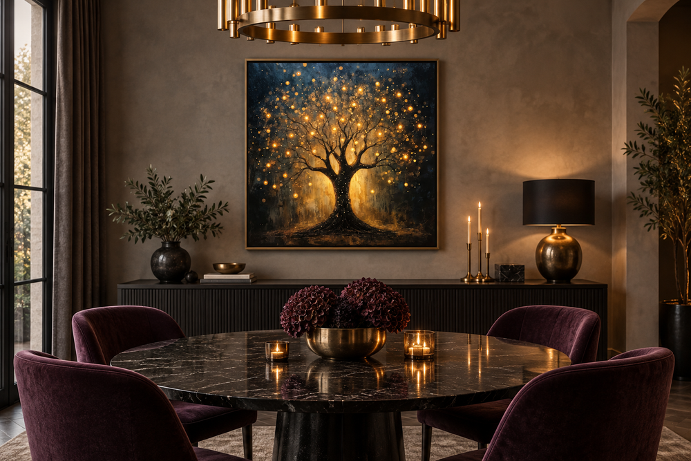 Framed canvas wall art of a black and gold tree with glowing lights in a modern dining room.