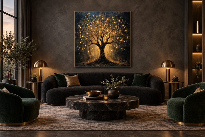 Enchanted black and gold tree framed canvas wall art with glowing lights above a modern sofa.