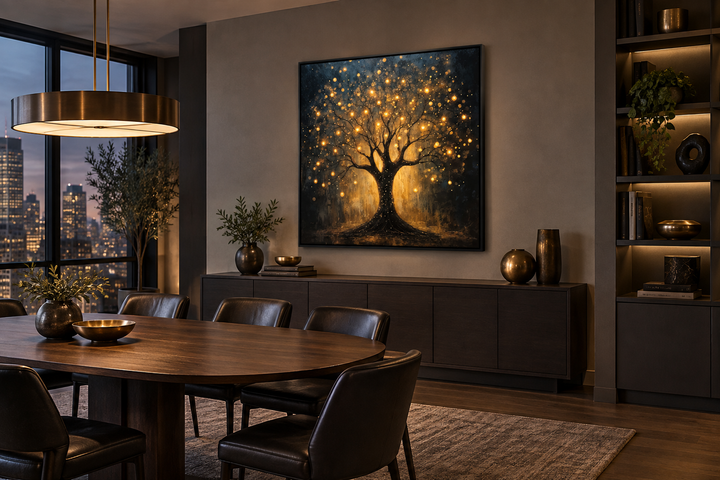 Enchanted black and gold tree with magical lights framed canvas wall art in a modern dining room.