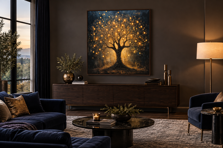 Enchanted black and gold tree framed canvas wall art with glowing lights in a modern living room.