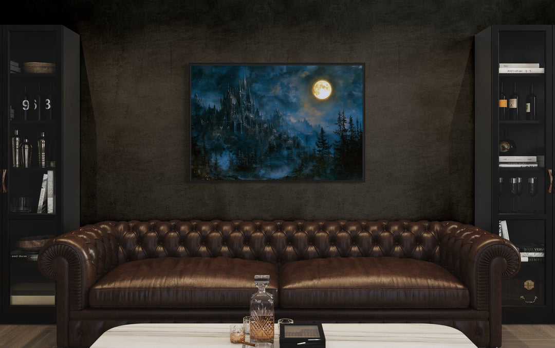 Spooky Gothic Haunted Castle Under Moon Navy Blue Wall Art