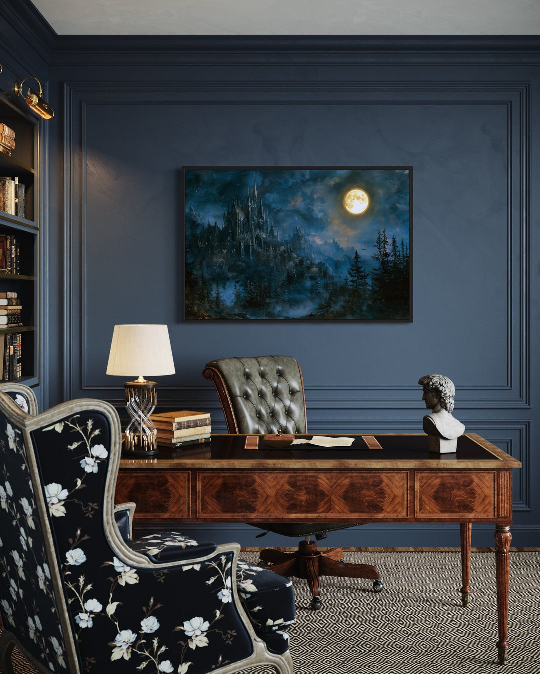 Spooky Gothic Haunted Castle Under Moon Navy Blue Wall Art