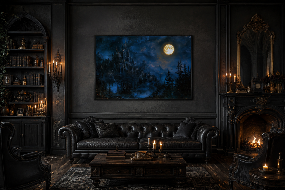 Framed navy blue wall art of a gothic haunted castle under a full moon in a dark living room.