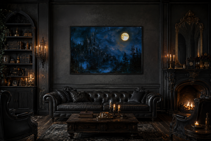 Framed navy blue wall art of a gothic haunted castle under a full moon in a dark living room.