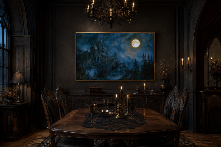 Framed navy blue wall art of a gothic haunted castle under a full moon in a dark dining room.