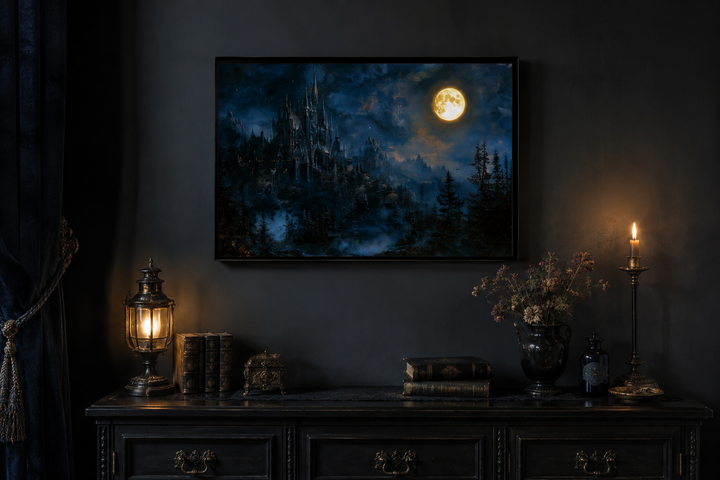 Framed navy blue wall art of a gothic haunted castle under a full moon in a dark room setting.