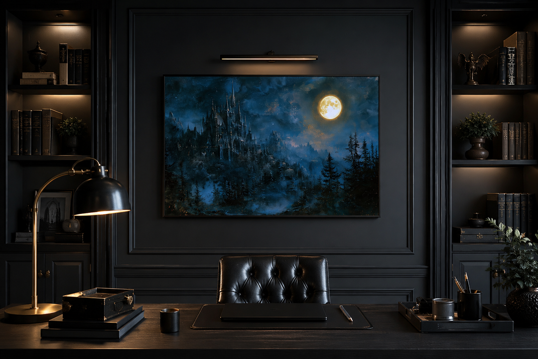 Framed gothic wall art of a haunted castle under a full moon in a dark, moody office setting.