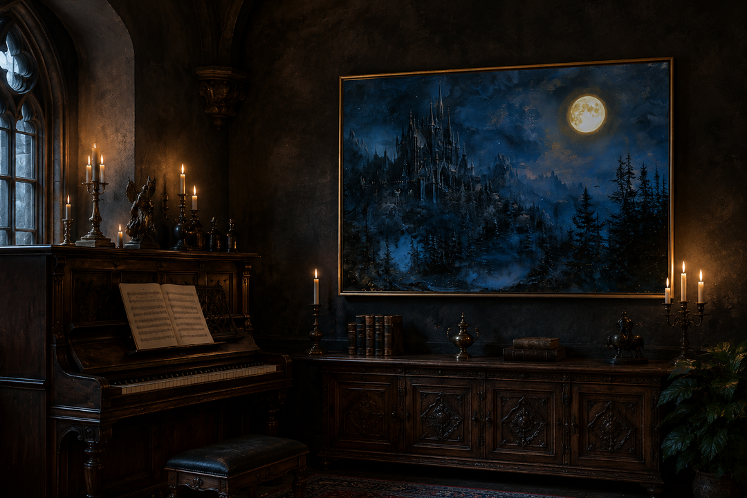 Framed navy blue wall art of a gothic haunted castle under a full moon in a dark, moody room.