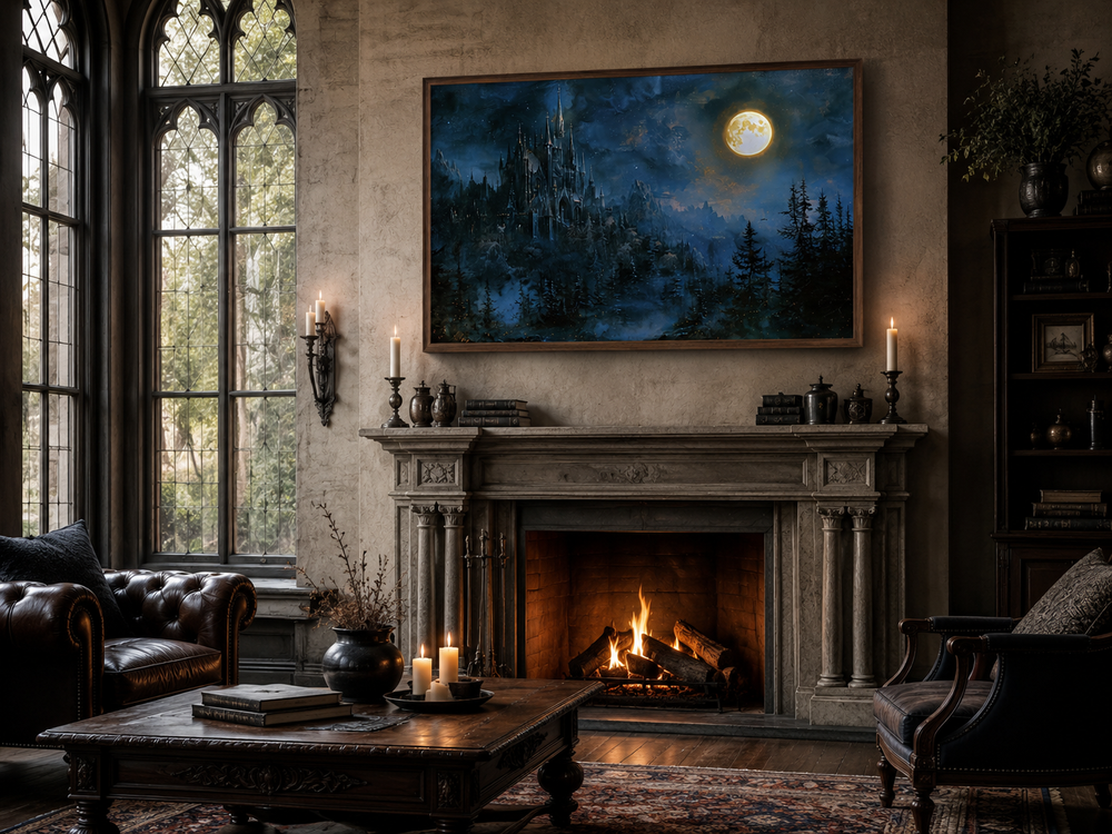 Spooky gothic haunted castle under a full moon navy blue wall art framed above a fireplace.