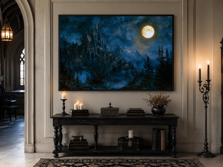 Framed navy blue wall art of a gothic haunted castle under a full moon above a console table.