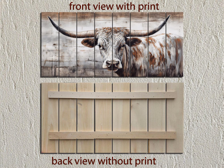 Spotted Longhorn Cow On White Distressed Wood Wall Art