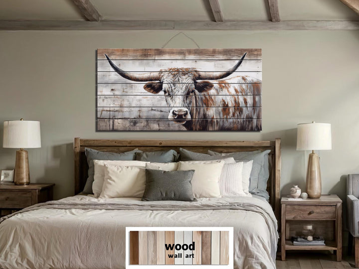 Spotted Longhorn Cow On White Distressed Wood Wall Art
