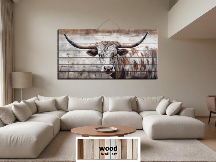 Spotted Longhorn Cow On White Distressed Wood Wall Art
