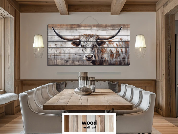 Spotted Longhorn Cow On White Distressed Wood Wall Art
