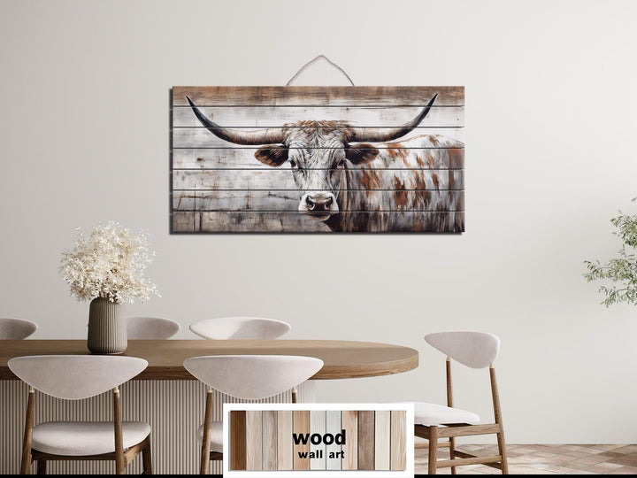 Spotted Longhorn Cow On White Distressed Wood Wall Art