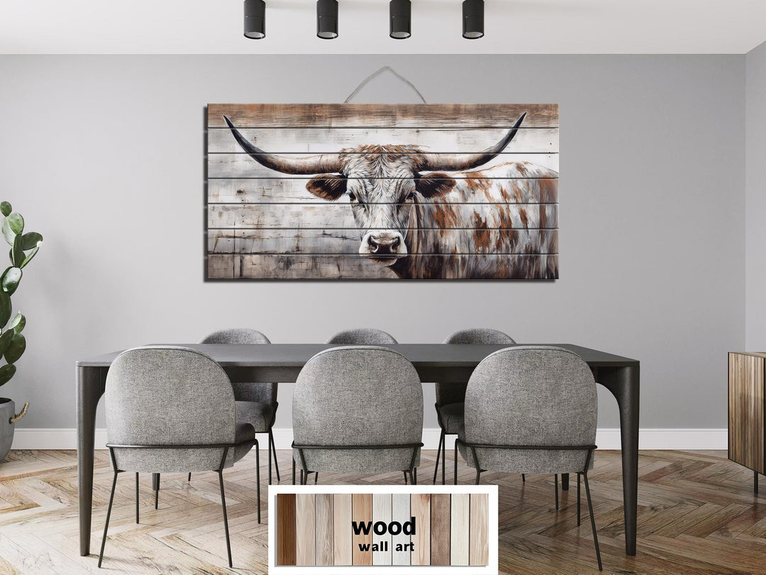 Spotted Longhorn Cow On White Distressed Wood Wall Art