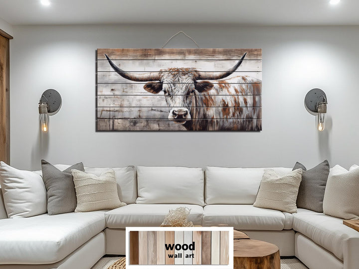 Spotted Longhorn Cow On White Distressed Wood Wall Art