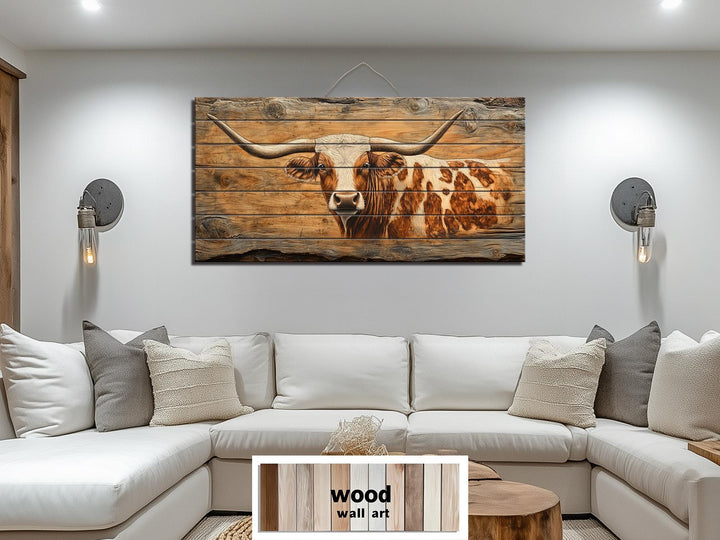 Spotted Texas Longhorn Cow Distressed Wood Wall Art