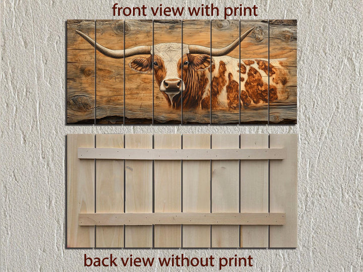 Spotted Texas Longhorn Cow Distressed Wood Wall Art
