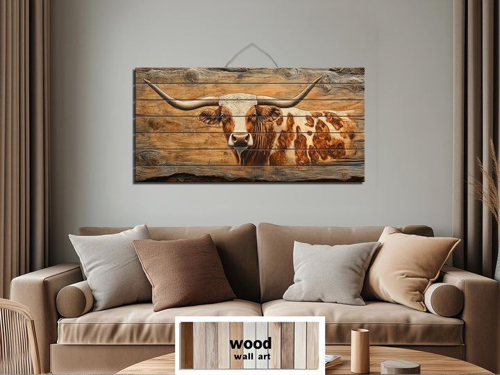 Spotted Texas Longhorn Cow Distressed Wood Wall Art