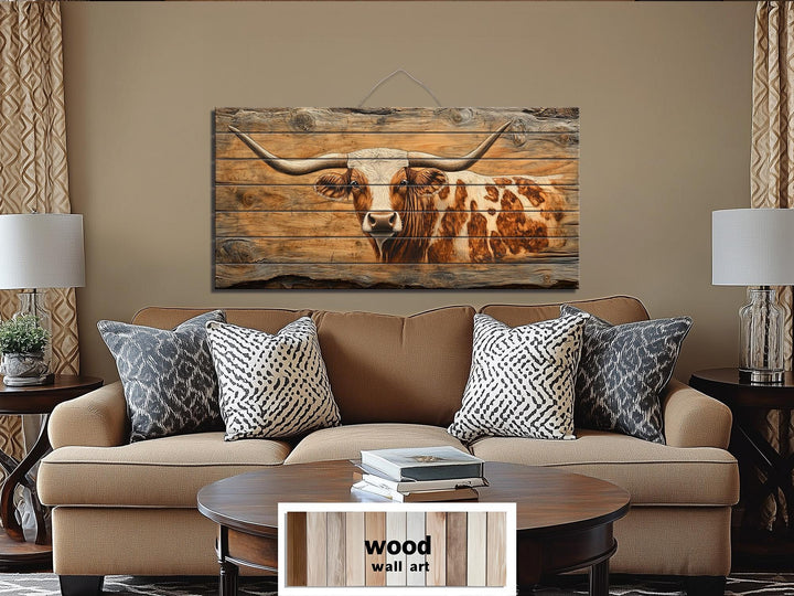 Spotted Texas Longhorn Cow Distressed Wood Wall Art