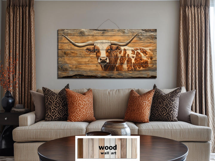 Spotted Texas Longhorn Cow Distressed Wood Wall Art