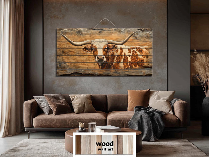 Spotted Texas Longhorn Cow Distressed Wood Wall Art