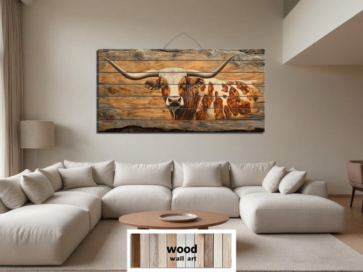 Spotted Texas Longhorn Cow Distressed Wood Wall Art