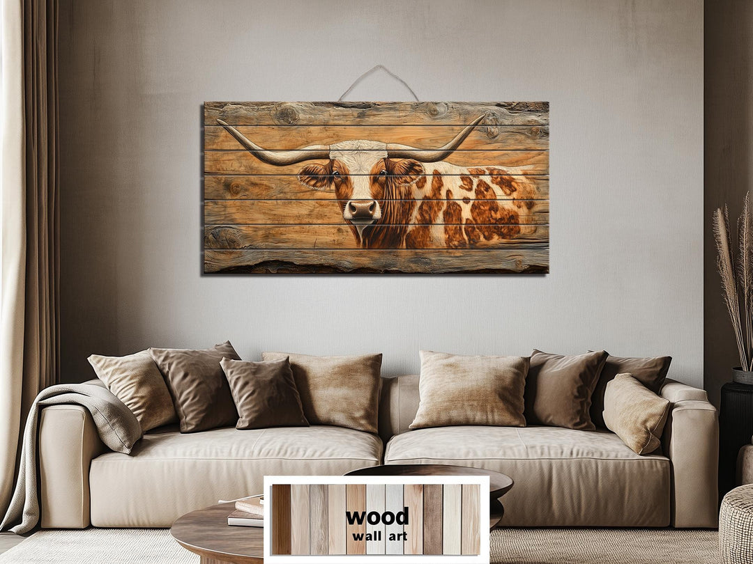 Spotted Texas Longhorn Cow Distressed Wood Wall Art