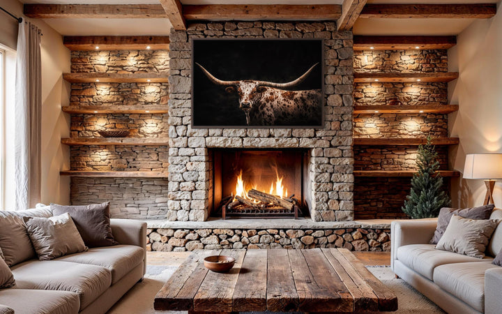 Spotted Texas Longhorn canvas print with floating frame above a stone fireplace in a rustic room.