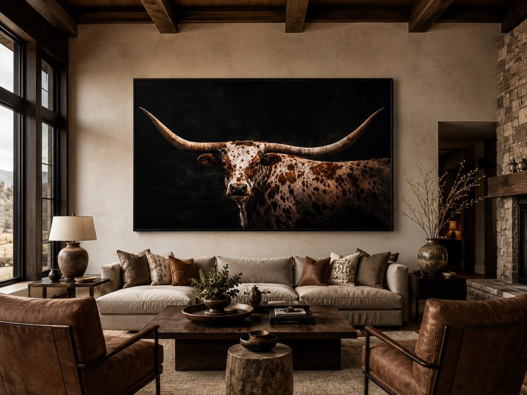 Spotted Texas Longhorn canvas wall art with floating frame above a sofa in a rustic living room.