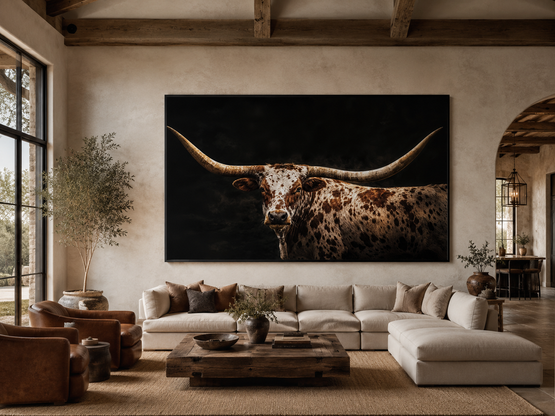 Spotted Texas Longhorn wall art canvas print with floating frame in a rustic ranch living room.