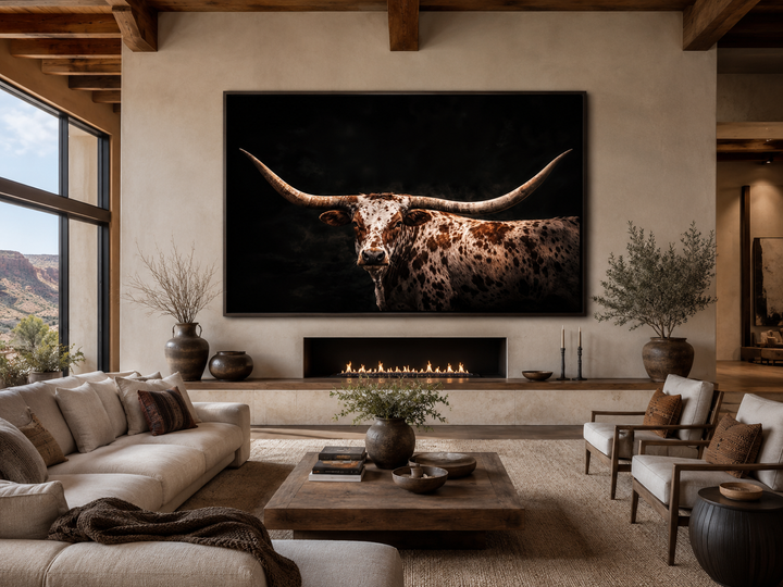 Spotted Texas Longhorn wall art canvas print with a black floating frame above a modern fireplace.