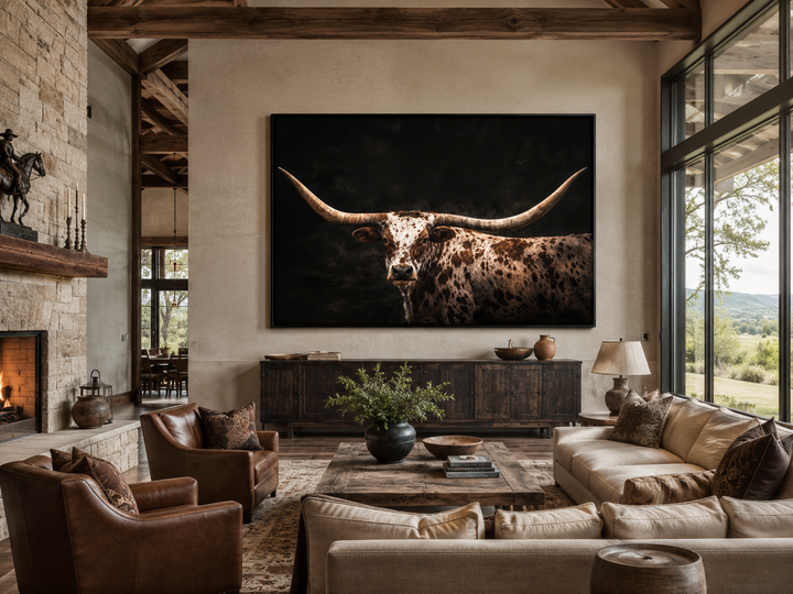 Spotted Texas Longhorn wall art canvas print with a floating frame in a rustic ranch living room.