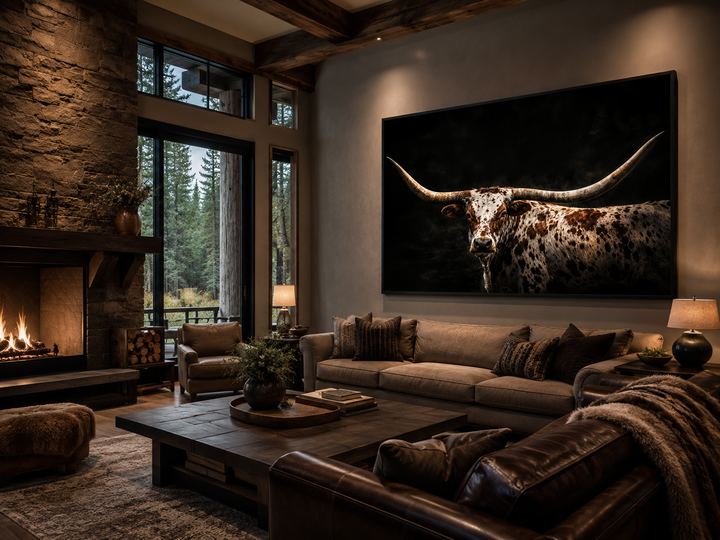 Spotted Texas Longhorn wall art canvas print with a black floating frame in a rustic living room.