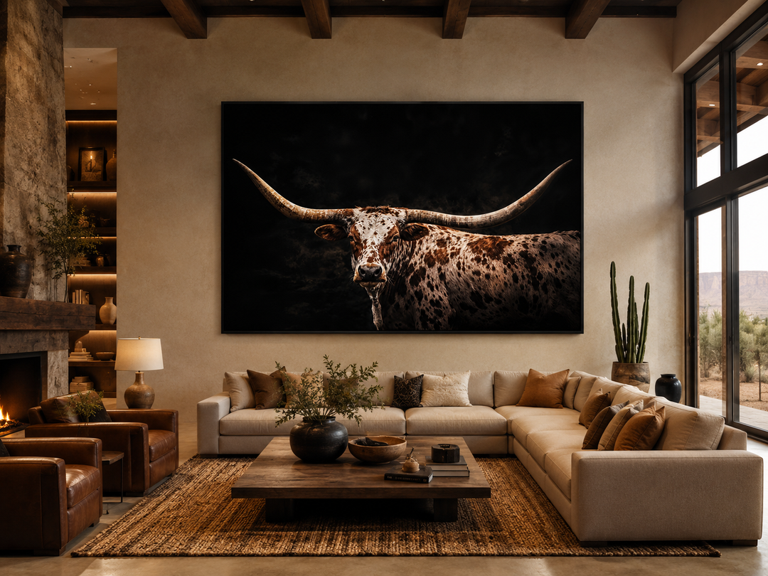 Spotted Texas Longhorn canvas wall art with floating frame in a rustic ranch living room.