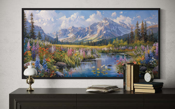 Spring Wildflowers Wall Art – Mountain Valley Landscape Framed Canvas Print for Rustic Home