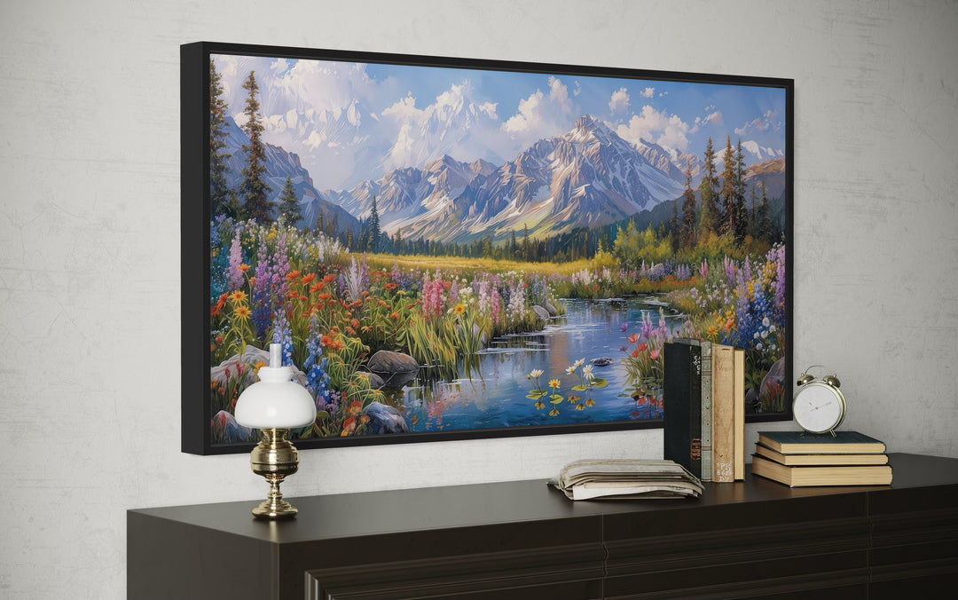Spring Wildflowers Wall Art – Mountain Valley Landscape Framed Canvas Print for Rustic Home