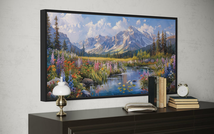Spring Wildflowers Wall Art – Mountain Valley Landscape Framed Canvas Print for Rustic Home