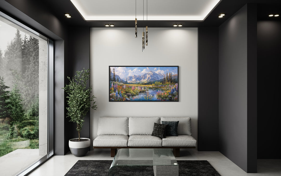 Spring Wildflowers Wall Art – Mountain Valley Landscape Framed Canvas Print for Rustic Home